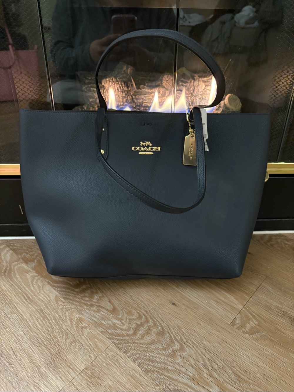 Coach Navy Pebbled Leather Tote with Gold Hardware